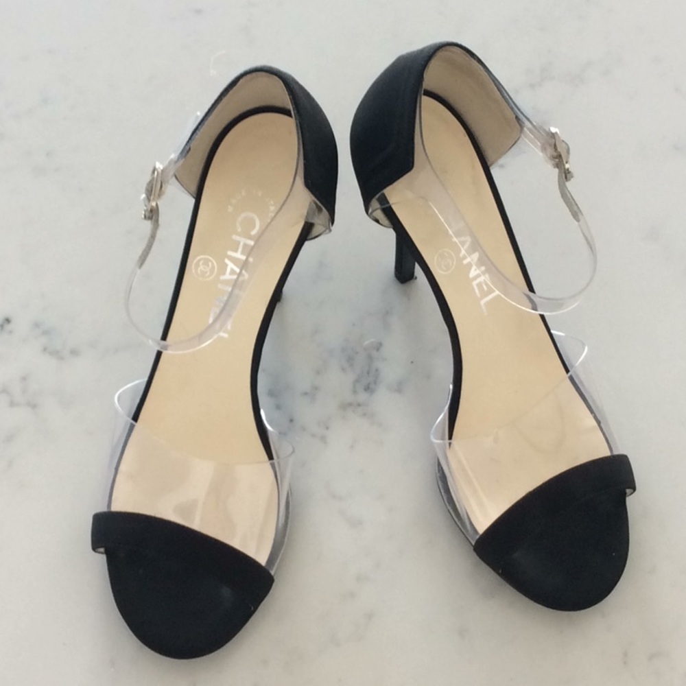 CHANEL PVC TRIM ANKLE STRAP OPEN TOE 36 or 6